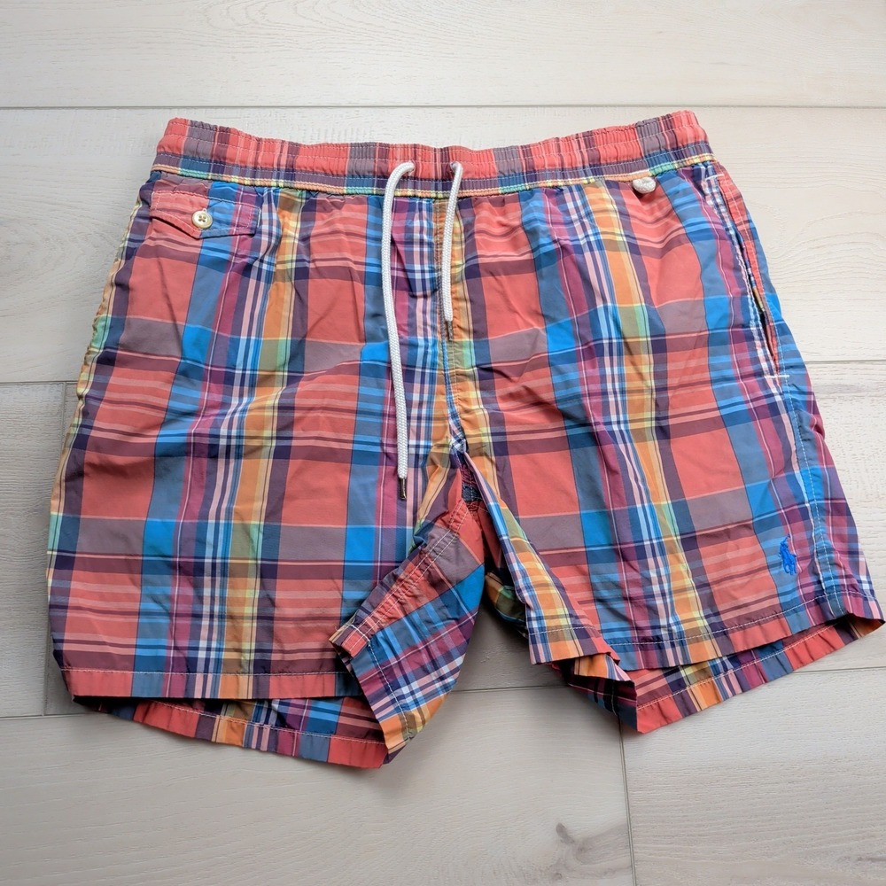 Polo Ralph Lauren Swim Trunks Mens M Multicolor‎ Plaid Mesh Lined Cotton Nylon